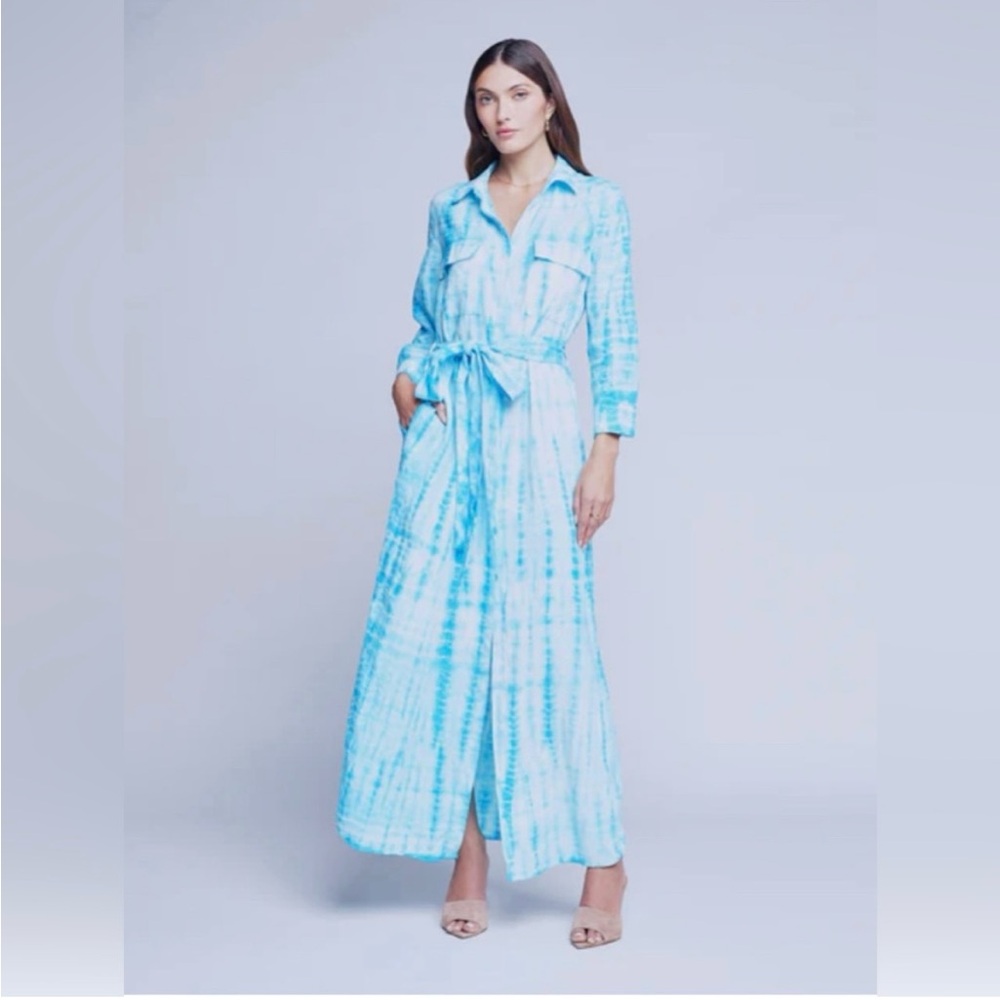 L’AGENCE Cameron Long Sleeve Tie Dye Linen Maxi Shirt Dress NWT